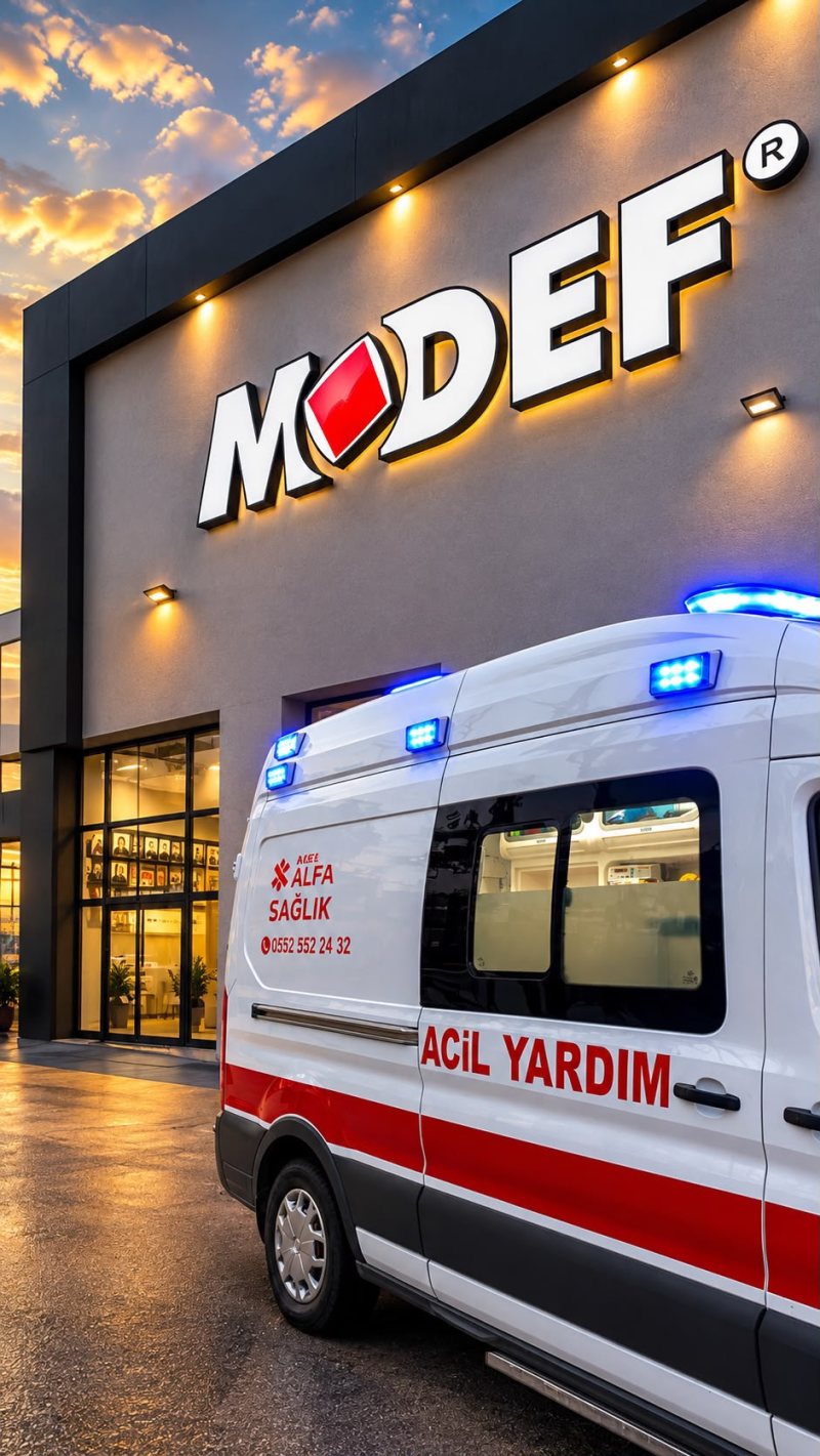 Mavi tepe lambaları yanan Alfa Sağlık ambulansı akşam saatlerinde; yan kapısında ACİL YARDIM yazısı